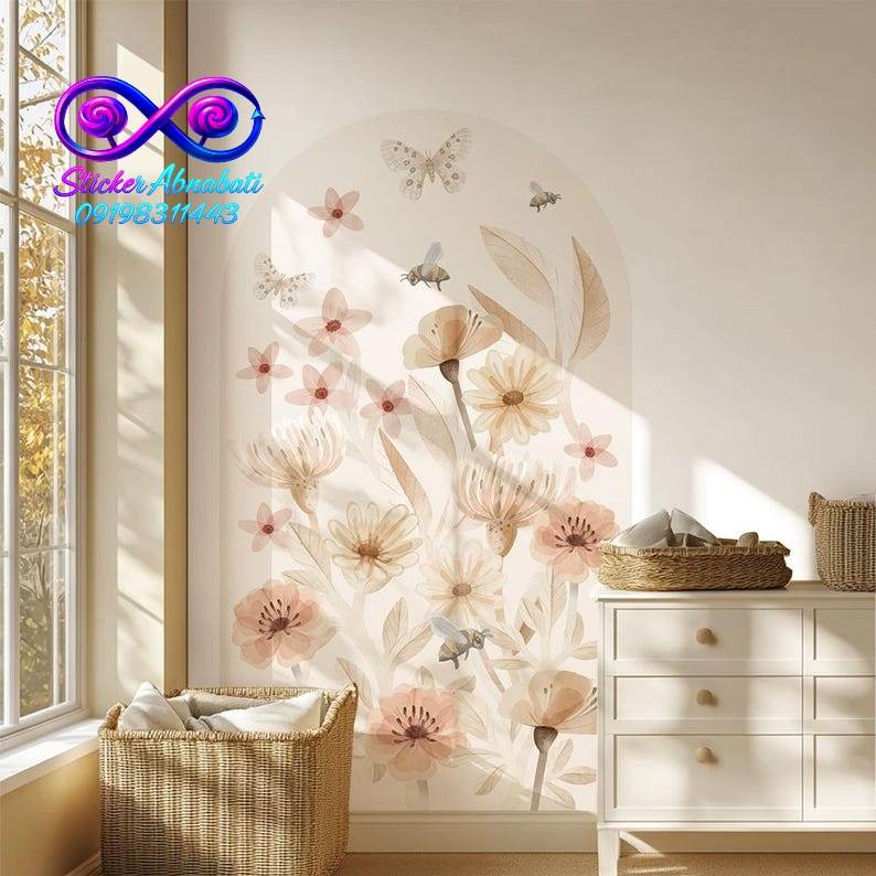 arch-flower-wall-sticker-1 استیکر دیواری طاق با طرح گل گلهای فانتزی و رنگهای آرام برای دکور خانه
