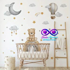 استیکر دیواری خرس و رنگینکمان با رنگ نود برای دکور اتاق کودک