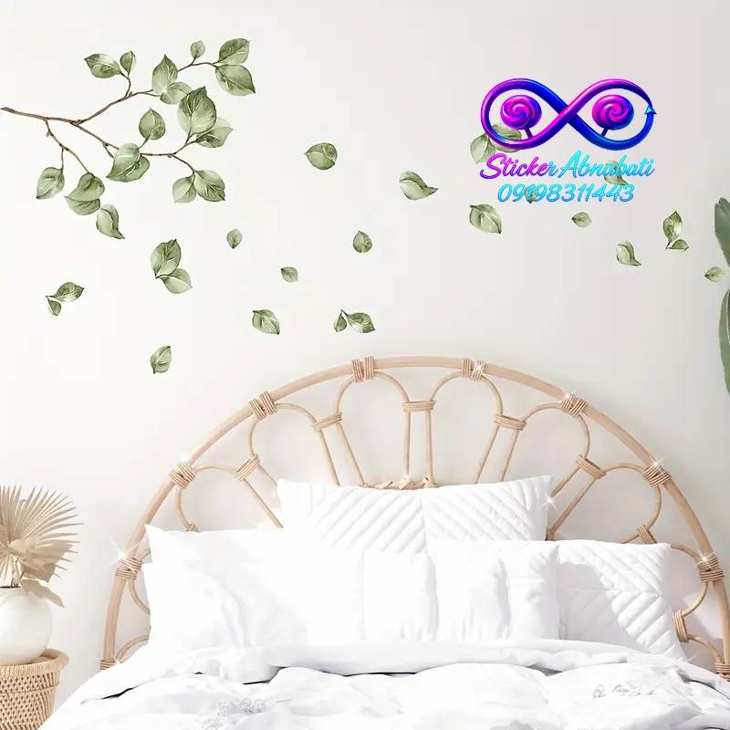green-leaf-wall-sticker-3 استیکر دیواری شاخه و برگ سبز برای دکور طبیعی اتاق خواب