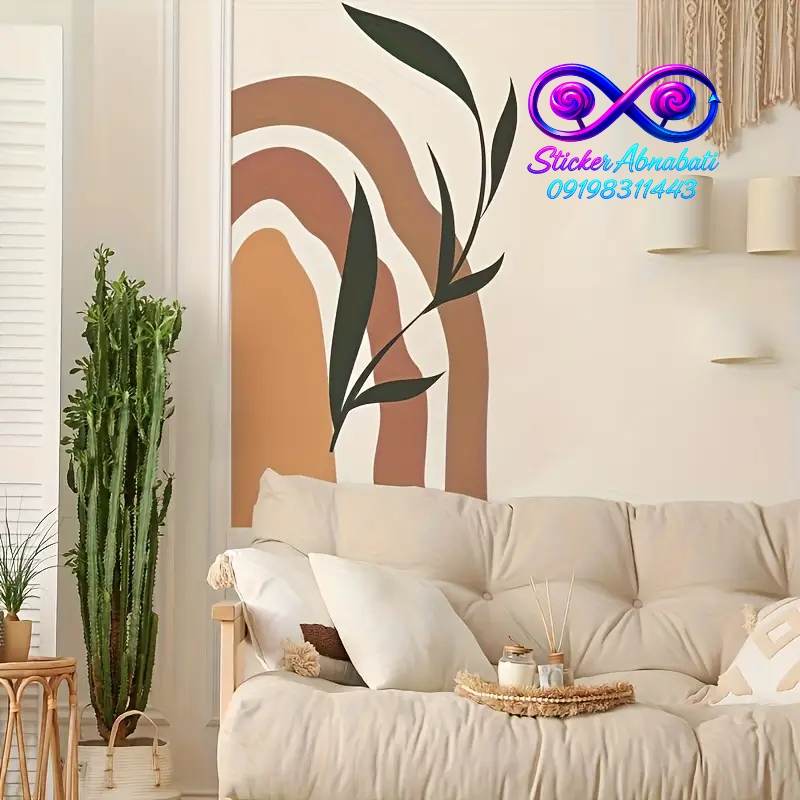 olive-branch-minimal-wall-sticker-2 استیکر دیواری شاخه زیتون مینیمال با رنگهای کرمی و قهوهای مناسب دکور مدرن