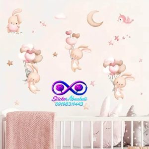استیکر دیواری خرگوش‌های بامزه با بادکنک برای دکور اتاق کودک