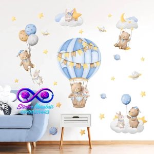 استیکر دیواری خرس و خرگوش سوار بالن برای دکور اتاق کودک با رنگ‌های پاستلی