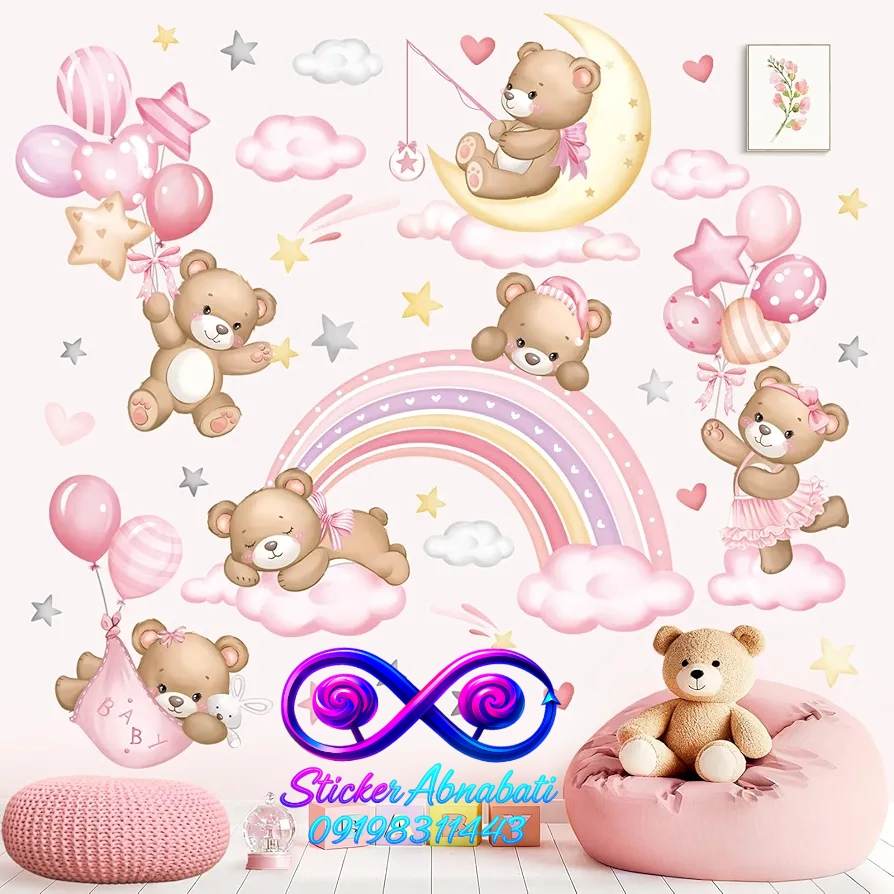 baby-nursery-decoration-teddy-rainbow-02 دکوراسیون اتاق نوزاد دختر تدی با تم صورتی با خرسهای بامزه و رنگینکمان فانتزی