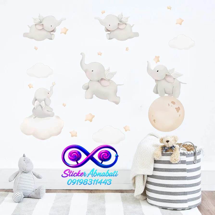flying-elephant-wall-sticker استیکر دیواری فیلهای پرنده کودکانه برای تزیین اتاق نوزاد