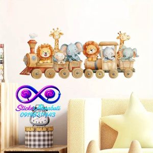 استیکر دیواری قطار چوبی برای دکور اتاق کودک با طرح فانتزی و رنگ‌های آرام