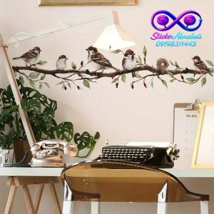 استیکر دیواری گنجشکها روی شاخه با طراحی طبیعی و زیبا برای دکور دیوار خانه