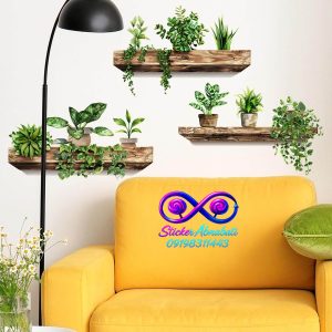 برچسب دیواری گلدان‌های سبز روی شلف چوبی مناسب دکوراسیون منزل