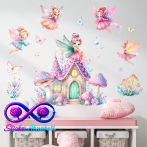 استیکر دیواری کودکانه پری با رنگهای پاستلی با خونه قارچی