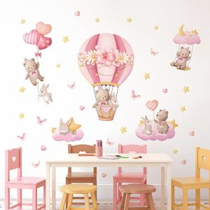 استیکر دیواری اتاق نوزاد دخترانه طرح خرس و بالن صورتی