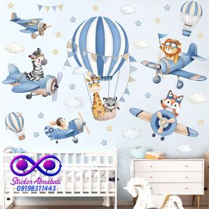 برچسب دیواری کودک پسر طرح حیوانات کارتونی خلبان آبی رنگ شیر,روباه,زراف,گوره خر
