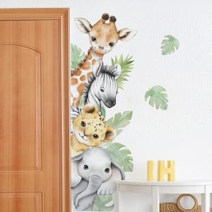 استیکر دیواری تم جنگل اتاق نوزاد طرح سافاری برای اتاق نوزاد با زرافه ,گوره خر,ببر,و فیل