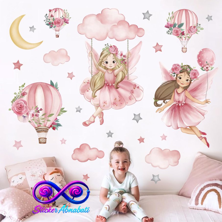 angel-wall-sticker-hela-kind برچسب دیواری فرشته دخترانه با رنگ صورتی و بالن و ابر های صورتی در اتاق کودک