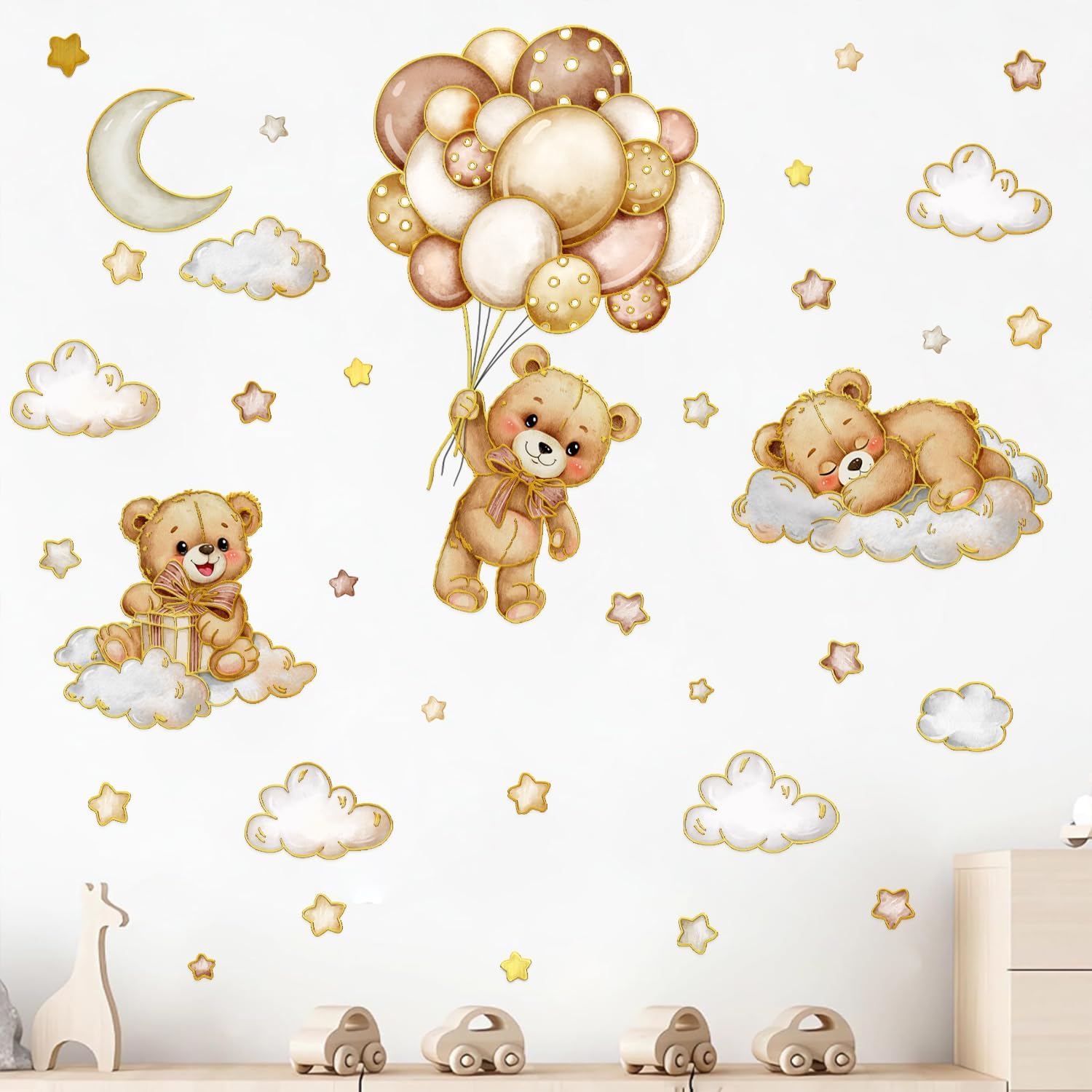 Baby Boy Bear Wall Decal دکور اتاق نوزاد پسر برچسب دیواری خرس همراه با ماه و ستاره و ابر و سه عددی تدی روی ابر و بادکنک