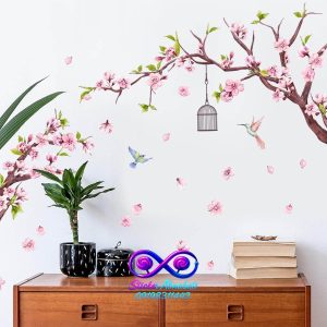 استیکر دیواری شکوفه گیلاس با شاخه و پرنده، مناسب دکوراسیون خانه