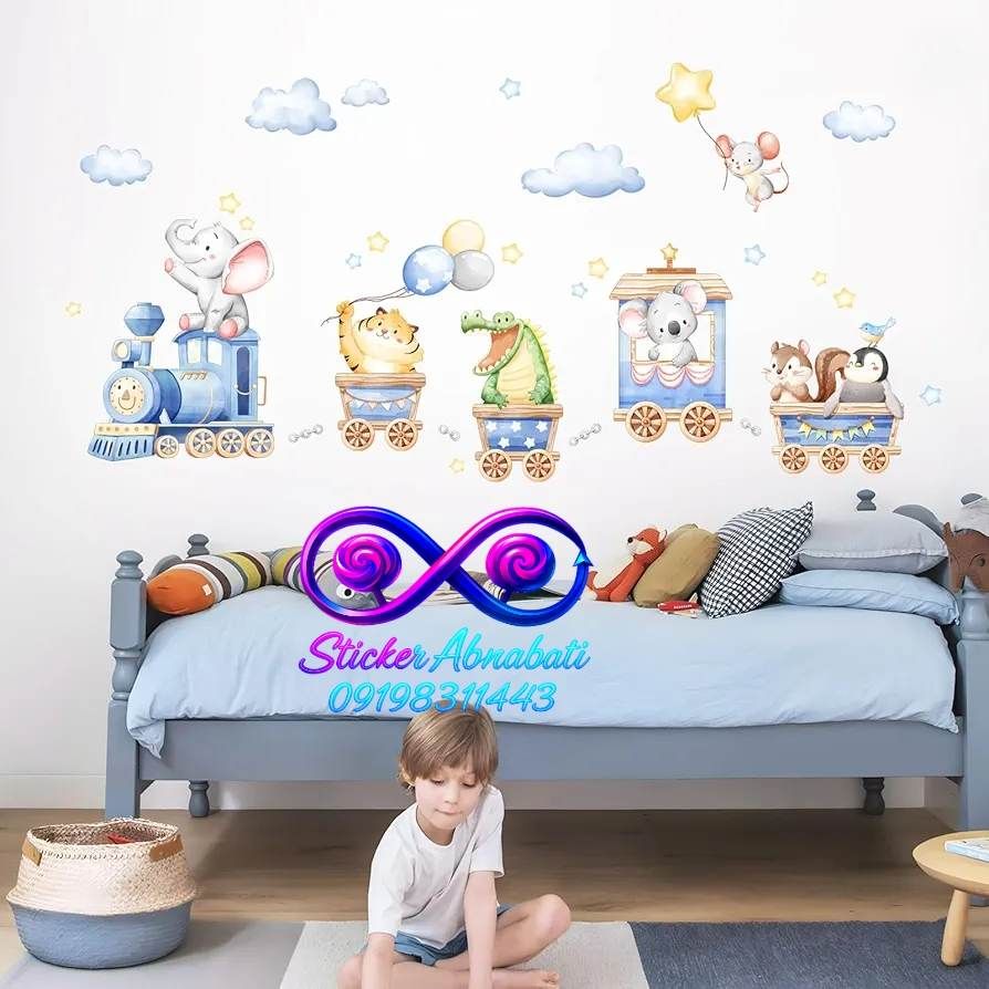 animal-train-wall-sticker-baby-room استیکر دیواری قطار حیوانات کارتونی مناسب اتاق نوزاد
