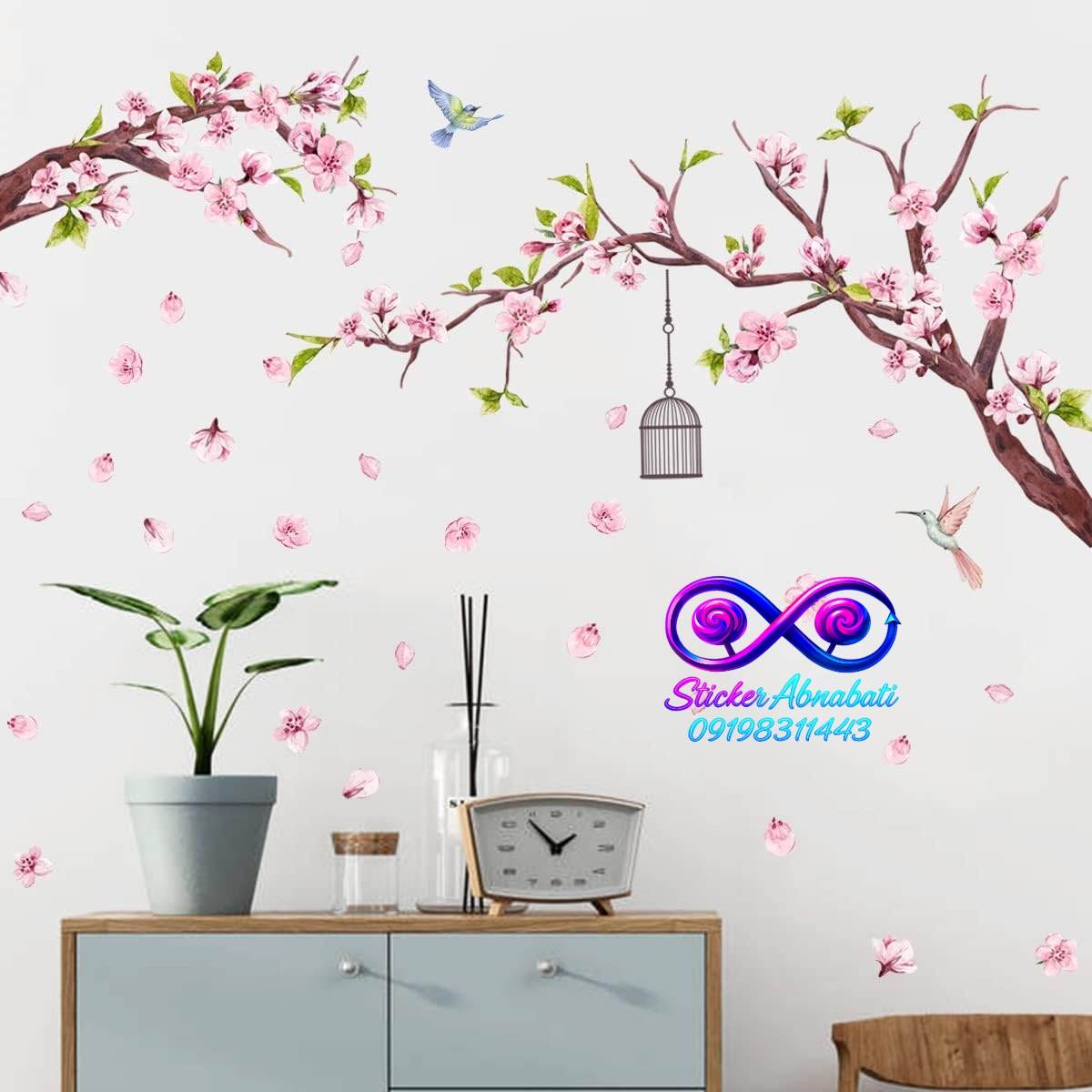 nature-branch-wall-art-sticker.jpg استیکر دیواری شکوفه گیلاس فانتزی شکوفههای صورتی برای دکور منزل شما