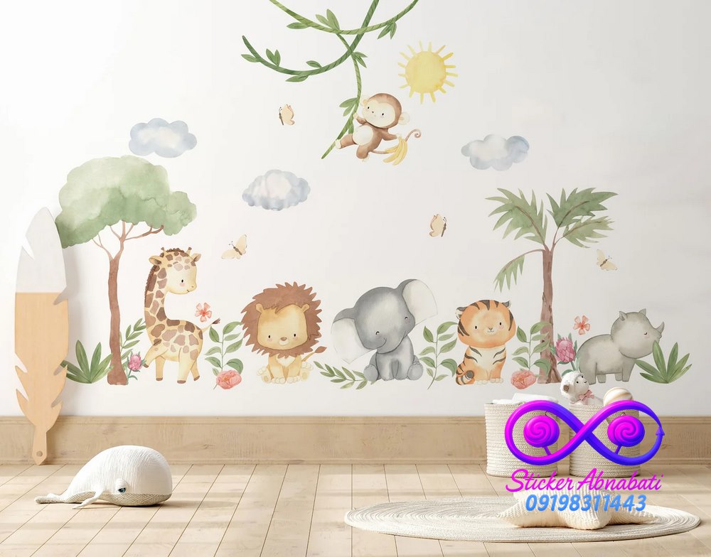 jungle-kids-wall-sticker استیکر دیواری طرح جنگل کودک مناسب دکور اتاق نوزاد با حیوانات مختلف و درخت
