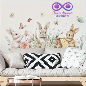 استیکر دیواری خرگوش فانتزی با گل و پروانه برای اتاق کودک