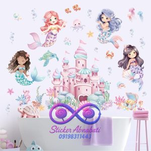 پوستر و استیکر دیواری پری دریایی آبرنگی به همراه اختاپوس، لاک‌پشت و صدف برای دکور اتاق نوزاد دختر